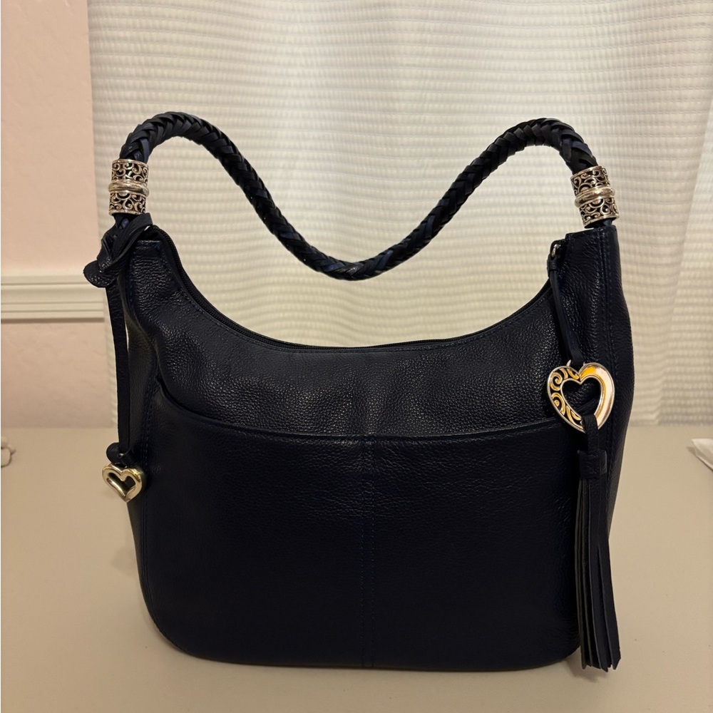 Brighton Barbados Navy Pebbled Leather Hobo with Braided Strap